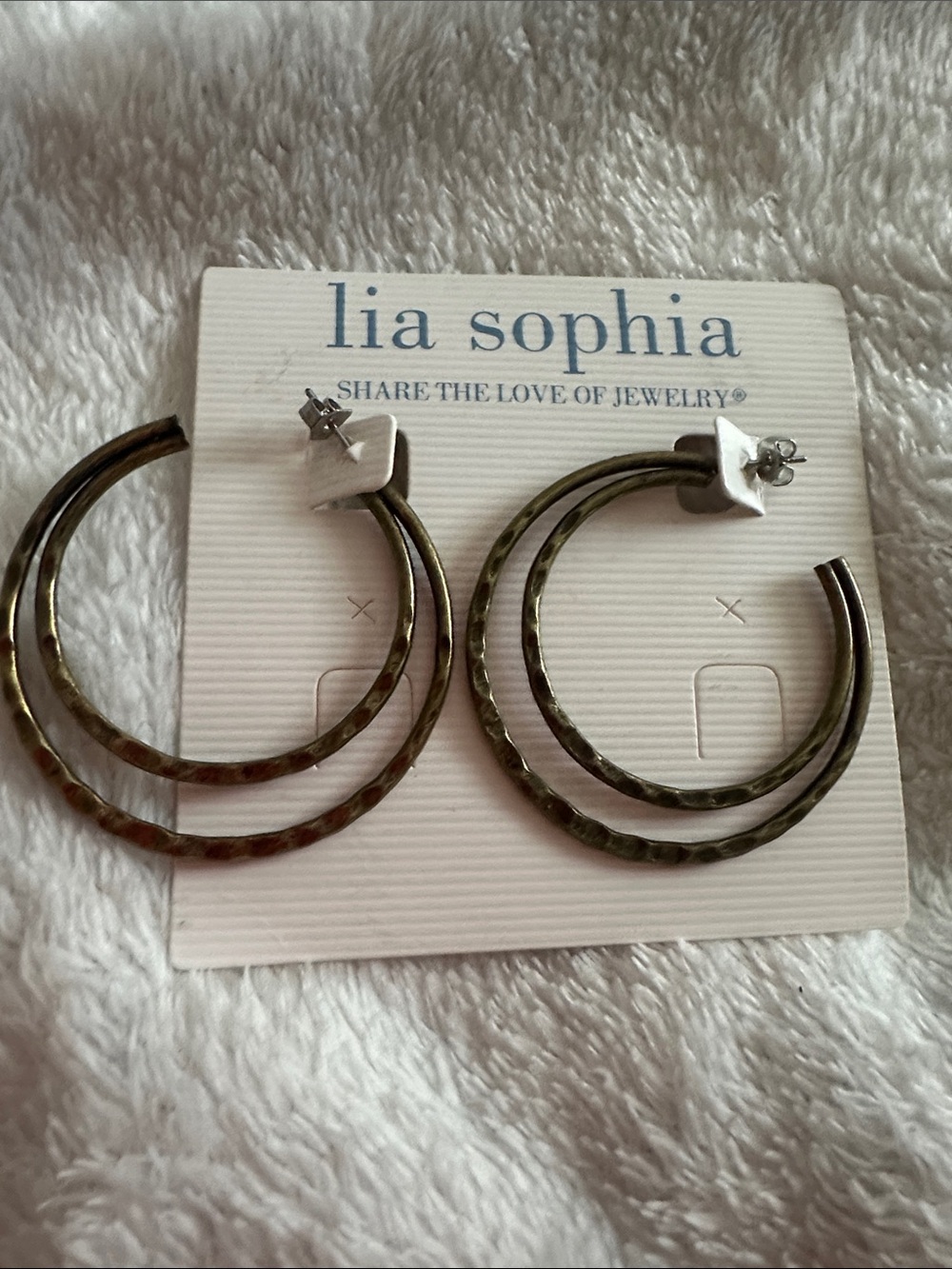 Lia Sophia Double hoop textured hammered Bronze Earrings New With Tags